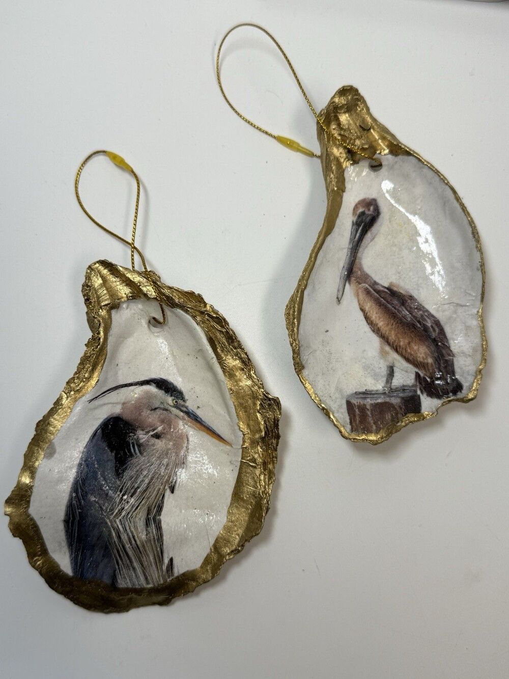 Set Of 2 Handcrafted Decoupage Decorative Heron & Pelican Oyster Shell Ornaments